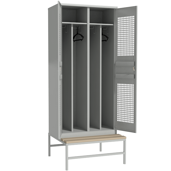 шкаф для раздевалки с перфорированными дверьми со скошенной крышей на подставке со скамьей