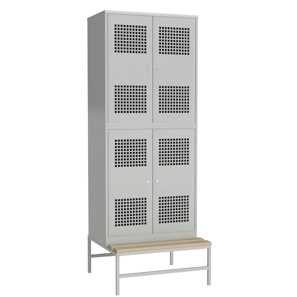 металлический шкаф для раздевалки перфорированный на подставке со скамьей артикул 22720