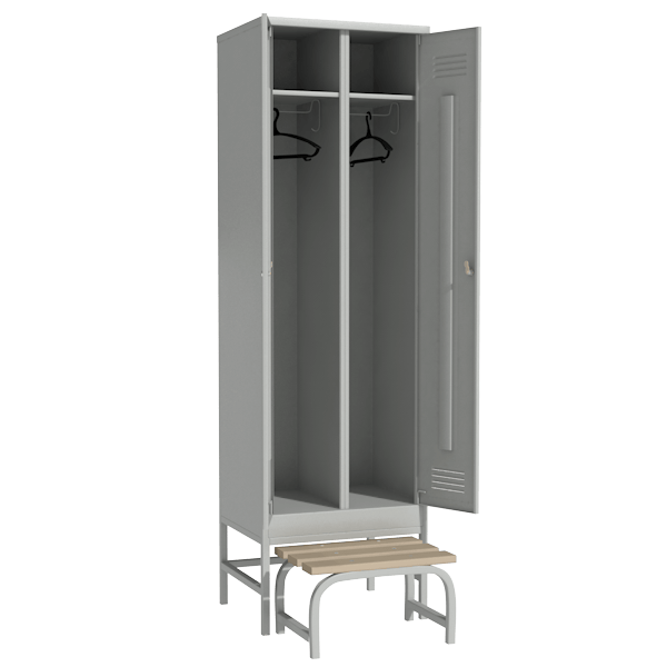 металлический шкаф для раздевалки перфорированный на подставке со скамьей