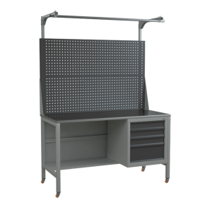 верстак 1500 с полкой, тумбой с выдвижными ящиками, двойным экраном и колёсами фото