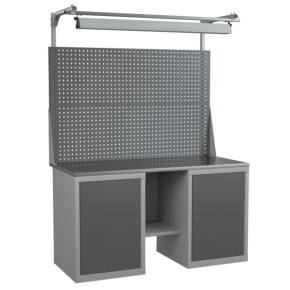 верстак 1500 с 2 распашными тумбами, светильником и перфорированным экраном с консолями фото