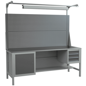 верстак 2000 с полкой, светильником, двойным экраном и 2 тумбами фото