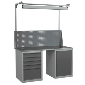 верстак 1500 с тумбами, экраном с консолями и светильником фото