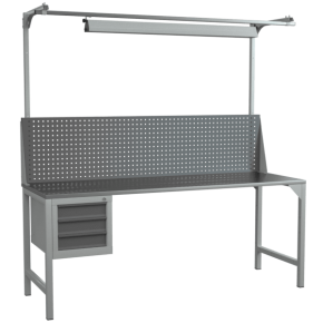 верстак 2000 со светильником, экраном с консолями и подвесной тумбой с выдвижными ящиками фото