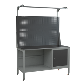 верстак 1500 с поворотными колёсами, двойным экраном, полкой и тумбой