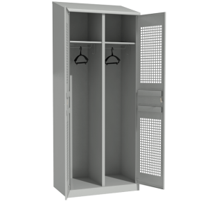 Шкаф для раздевалки с перфорированными дверьми со скошенной крышей Шкафчик раздевальный с перфорированными дверьми со скошенной крышей