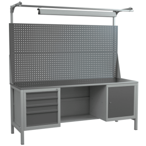 верстак 2000 со светильником, двойным экраном, тумбой с 4 ящиками и тумбой с дверцей и полкой фото