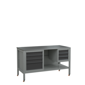 верстак 1500 с поворотными колёсами, полкой и 2 тумбами с выдвижными ящиками