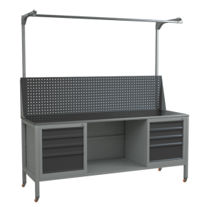 верстак 2000 с колёсами, полкой, экраном с консолями и 2 тумбами с 4 выдвижными ящиками