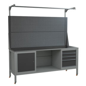 верстак 2000 с колёсами, двойным экраном и тумбой с 4 выдвижными ящиками и тумбой с дверцей и полкой фото