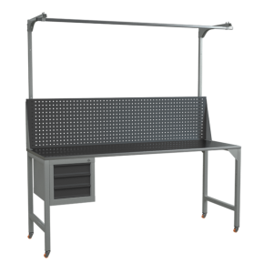 верстак 2000 с колесами, экраном с консолями и подвесной тумбой с 3 выдвижными ящиками фото