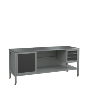 верстак 2000 с колёсами, полкой, подвесной тумбой с 3 выдвижными ящиками и тумбой с распашной дверцей и полкой