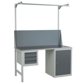 верстак 1500 с экраном с консолями, подвесной тумбой и тумбой с полками фото