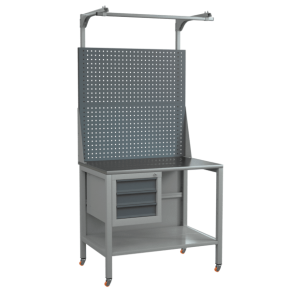 верстак на колесах 1000 с двойным экраном, полками и тумбой с 3 выдвижными ящиками фото