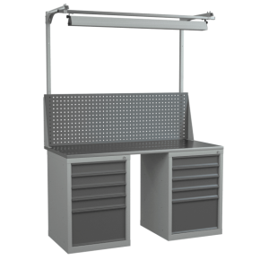 верстак 1500 с 2 тумбами с выдвижными ящиками, светильником и экраном фото