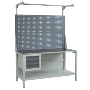 верстак 1500 с двойным экраном и тумбой для инструментов сборный фото