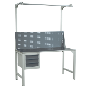 верстак 1500 с экраном с консолями и тумбой для размещения инструментов фото