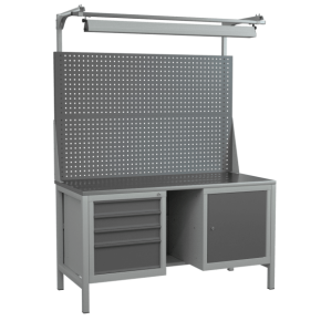 верстак 1500 с 2 тумбами, полкой, двойным экраном и светодиодным светильником фото