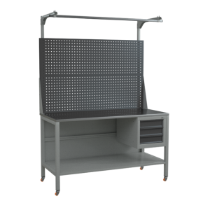 верстак 1500 с двойным экраном, полкой, подвесной тумбой и поворотными колёсами фото