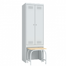 гардеробный шкаф для раздевалок на подставке с деревянной скамьей