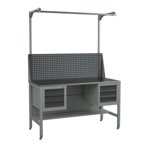 верстак 1500 с экраном с консолями, полкой, подвесными тумбами и колёсами фото